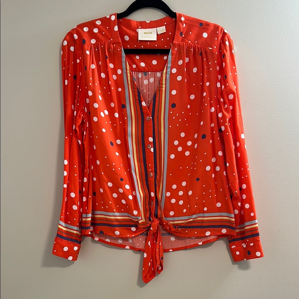 Anthropologie Red Polka Dot Tie-Front Blouse